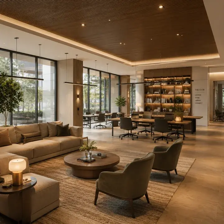 Signature Regal clubhouse interior with lounge, co-working tables and library