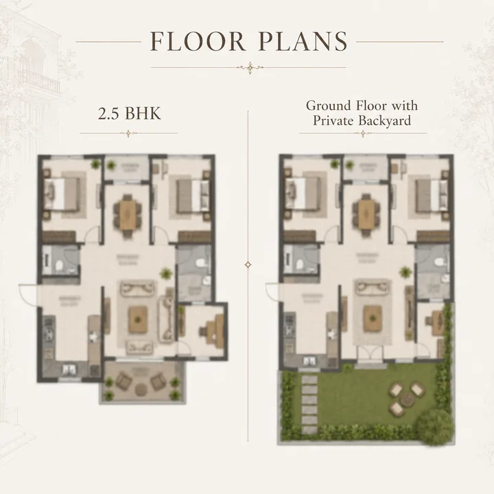 Signature Regal 2.5 BHK floor plan with the ground-floor private-backyard variant Signature Regal 2.5 BHK floor plan with the ground-floor private-backyard variant