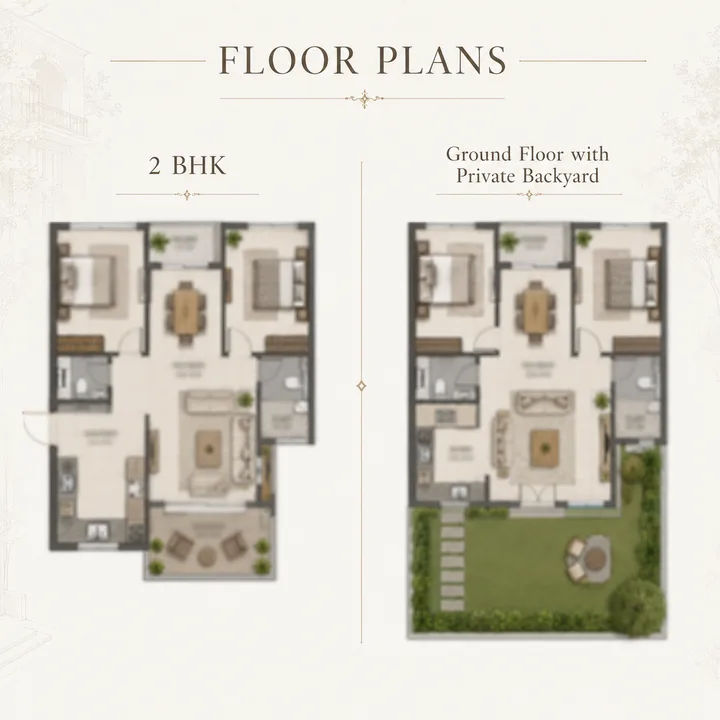 Signature Regal 2 BHK floor plan with the ground-floor private-backyard variant Signature Regal 2 BHK floor plan with the ground-floor private-backyard variant