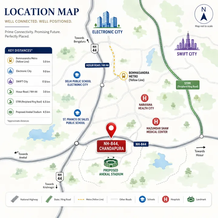 Signature Regal location map showing NH-844 Chandapura, Electronic City, SWIFT City, the Bommasandra Yellow Line metro, the proposed Anekal stadium and nearby landmarks